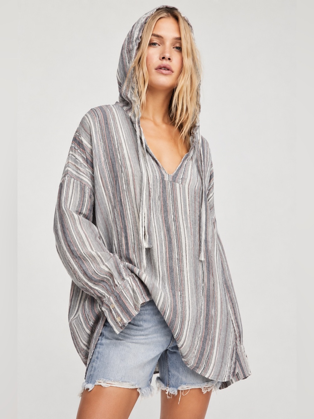 Free People x CP Shades Alex 100% Linen Striped Hooded Tunic XS oversized